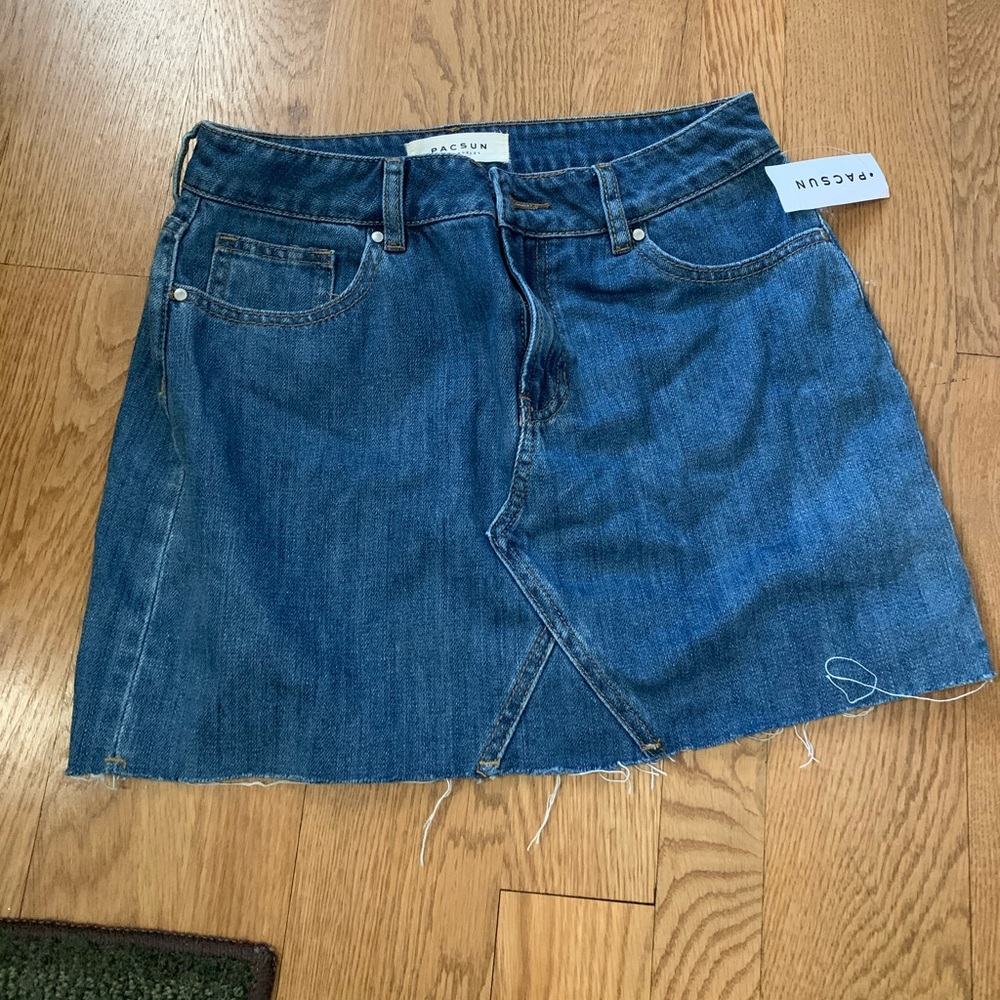 Distressed denim jean skirt